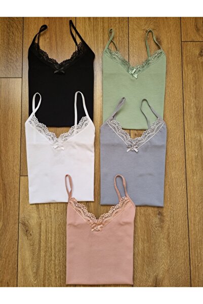 Demirsa Boutique Kadın 5'li Paket Dantelli Pamuklu İp Askılı Atlet Mavi, Yeşil, Pudra, Siyah, Beyaz