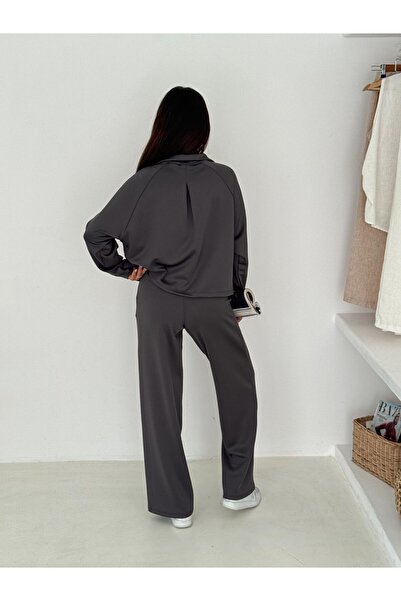 Lovely butik Women's Front Pocket Zipper Crop Cardigan Jacket and High Waist Wide Leg Pants Two Piece Set Tracksuit