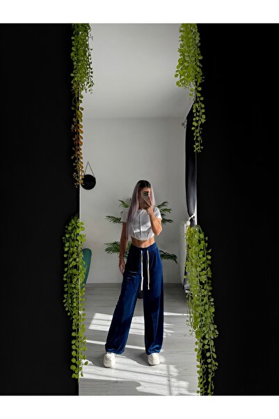 by SLA boutique Pantaloni wide leg din velur subțire cu talie elastică și șnur