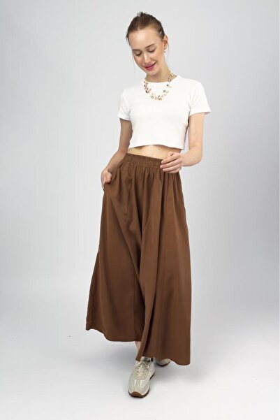 Betimoda Women's Elastic Waist Midi Skirt with Pockets Camel