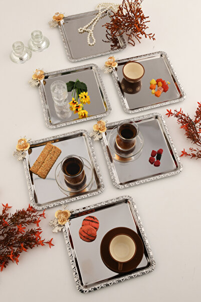 AKSESUAR EVRENİ Volis Stainless Steel 6-Piece Patterned Butterfly Crystal Stone Detailed Coffee Serving Presentation Tray Silver