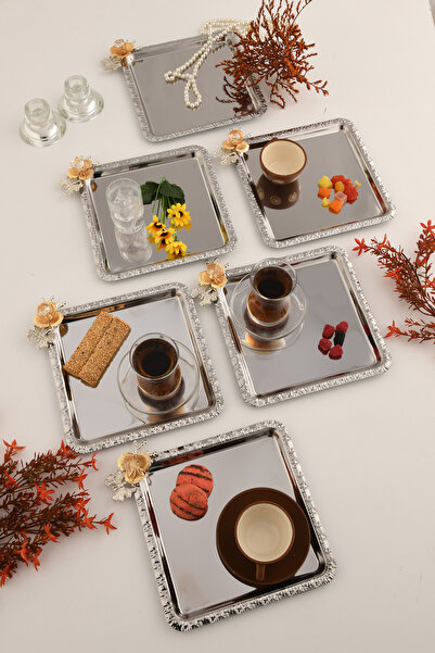 AKSESUAR EVRENİ Volis Stainless Steel 6-Piece Patterned Butterfly Crystal Stone Detailed Coffee Serving Presentation Tray Silver
