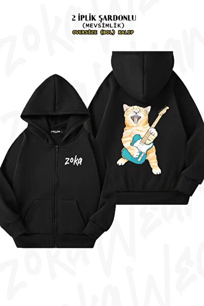 ZOKAWEAR Cardigan unisex Rock Roll Kitten cu imprimeu supradimensionat cu glu...