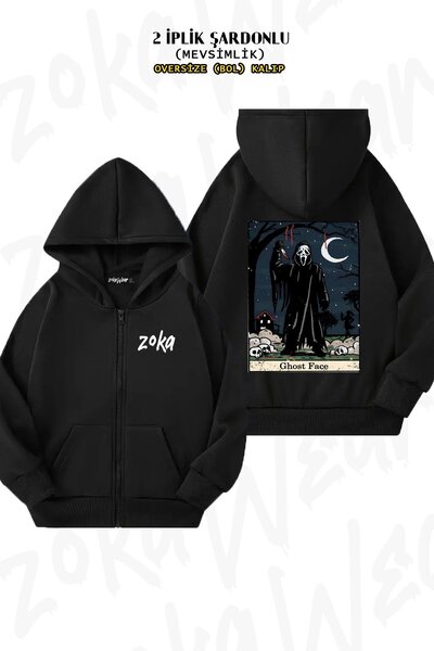 ZOKAWEAR Унісекс-кардиган з принтом «Таро-карта з обличчям привида» та принтом на спині, на блискавці, з капюшоном