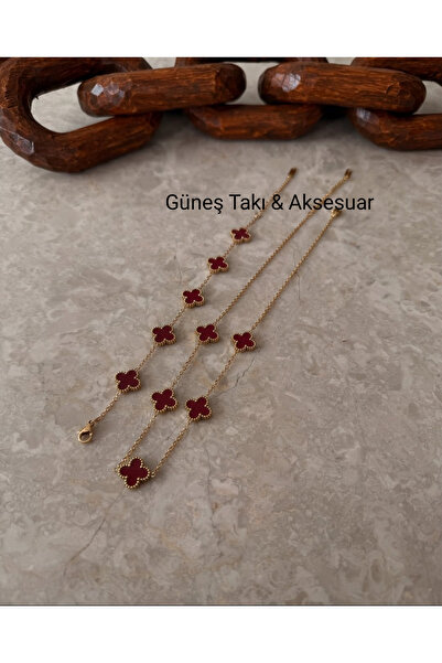 GUNESTAKI Gold Bordo İkili Set Çelik Bileklik Kolye Seti