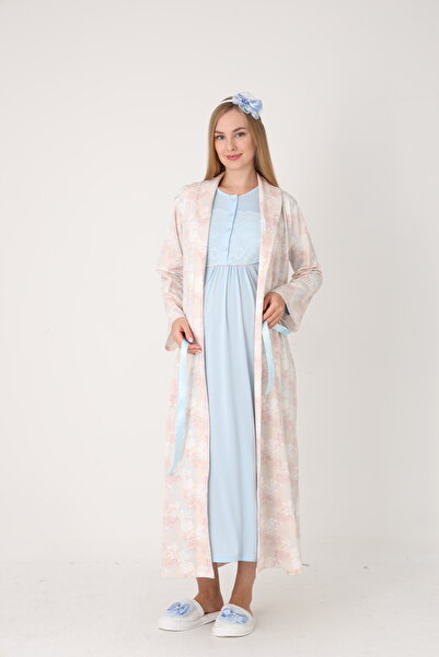 Lohussa Set de cămașă de noapte pentru femei, cu model albastru, cu guler șal...