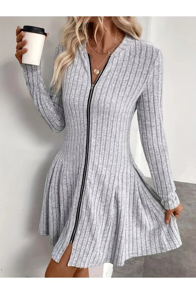 buğrahayalin Women's Long Sleeve Front Zipper Pleated Ruched Camisole Mini Dress