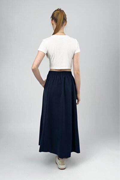 Betimoda Women's Elastic Waist Modal Midi Skirt with Pockets Navy Blue