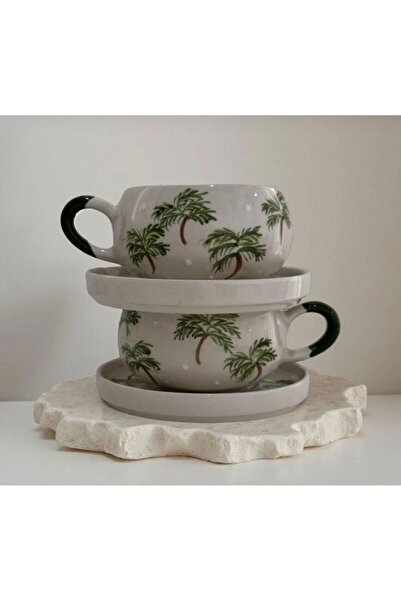RGS HOMELİFE Palmi̇ye 2-Piece Cup Set with Plate, Ceramic Hand-Decorated Gift Presentation Set, 4 Pieces - for 2 People