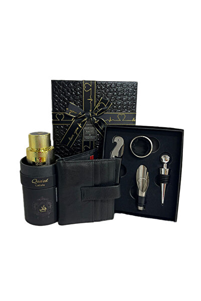 velve Glamour gift set for men, Lattafa perfume, genuine leather wallet, wine accessories