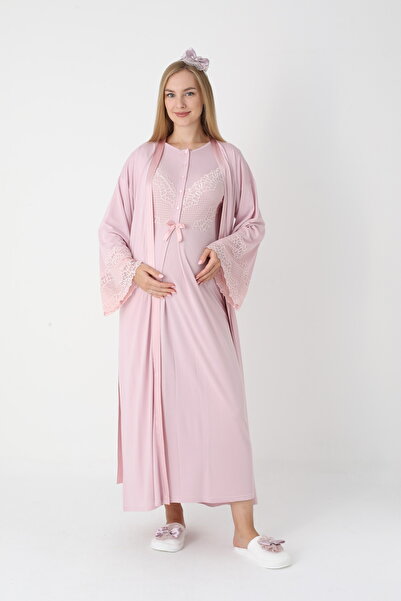 Lohussa Γυναικείο Σετ Νυχτικού Μακρυμάνικου Χειμερινού με Λεπτομέρειες Δαντέλας.