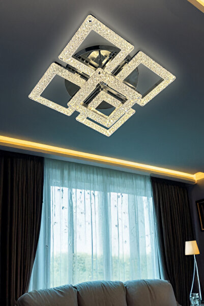 RSCOLLECTIONS Kare Akrilik 5'Li Plafonyer 3 Renk Tavana Sıfır Led Avize Krom