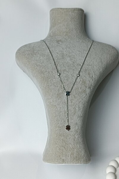 Birmem Kadın Gümüş Rengi Yonca Figürlü ve Zirkon Taşlı Y Model Çelik Kolye