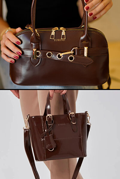 torime حقيبة باجيت بتفاصيل حزام بني - حقيبة كتف وحقيبة يد نسائية متوسطة الحجم...