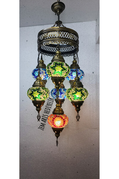ZEM ARİS HEDİYELİK El Yapımı Otantik Mozaik 7 li Avize Tavan Lambası Dekoratif