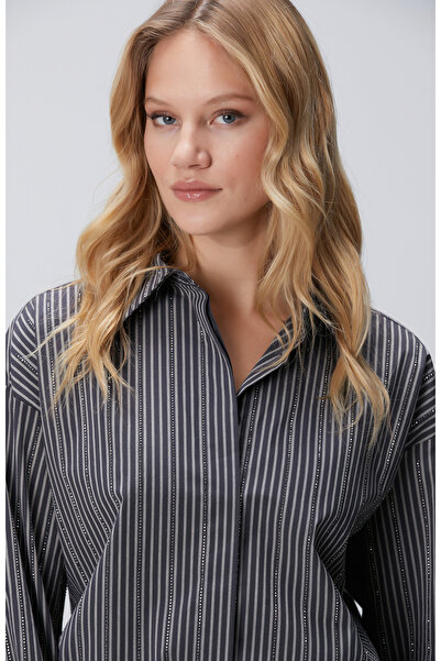 Network Antrasit Çizgi Desenli Oversize Gömlek