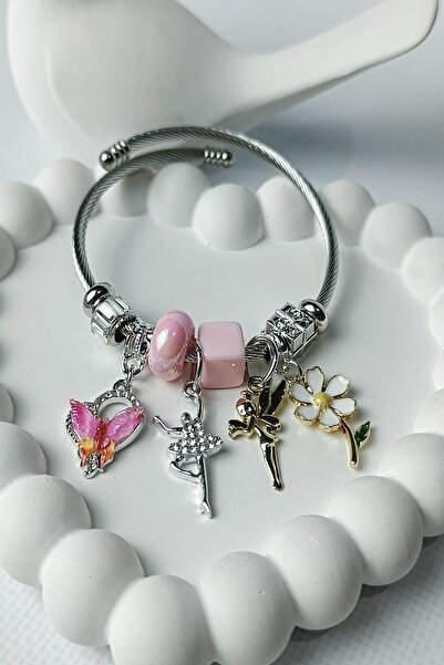 Birmem Kadın Gümüş Rengi Pembe Masal Temalı Charm Kelepçe Çelik Bileklik