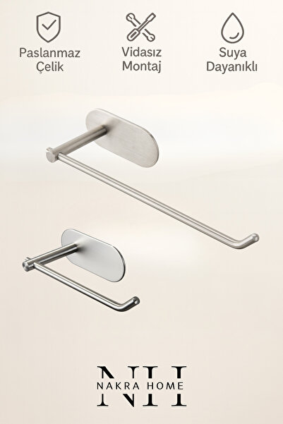 NAKRA HOME 2'li Set Paslanmaz Çelik Yapışkanlı Havlu Askısı ve Tuvalet Kağıtl...