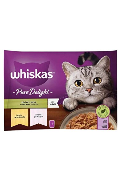 Whiskas pure delight tavuklu somonlu kedi yaş mama (4x85gr) 5adet dilimli seç...