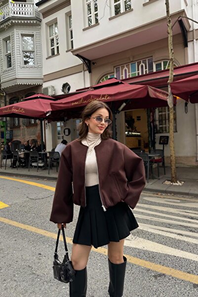 mylove معطف بومبر بسحاب بني اللون