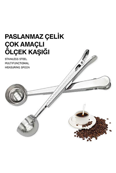Vivien Home Gümüş Paslanmaz Çelik Kahve Ölçü Kaşığı Ve Paket Klipsi Mandallı Paslanmaz Çelik