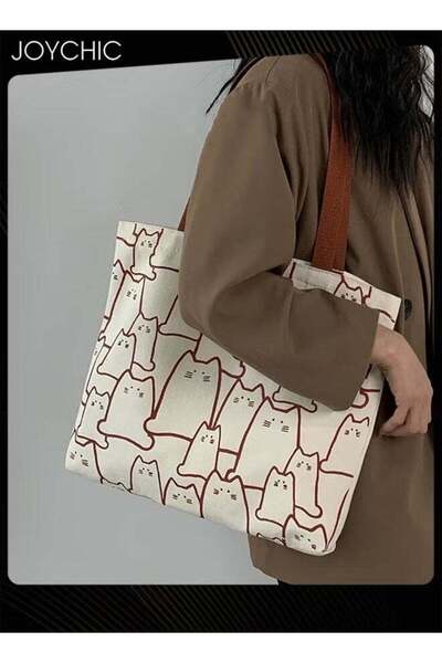 Joychic Korean Style Cat Pattern Women Large Capacity Shoulder Bag Ladies Portable Reusable Canvas T