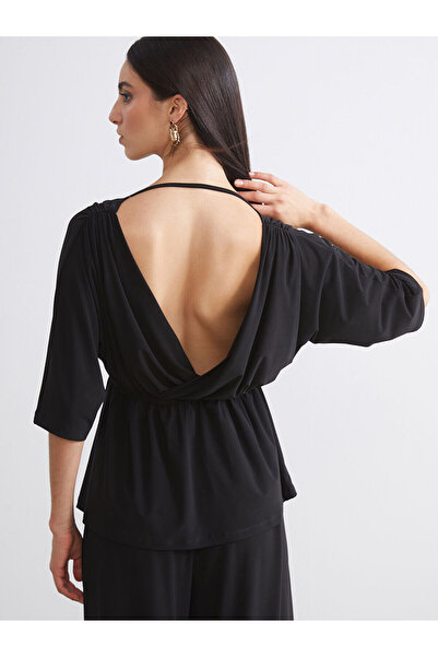 LC Waikiki Soulife Black Double-Breasted Collar Gathered Blouse