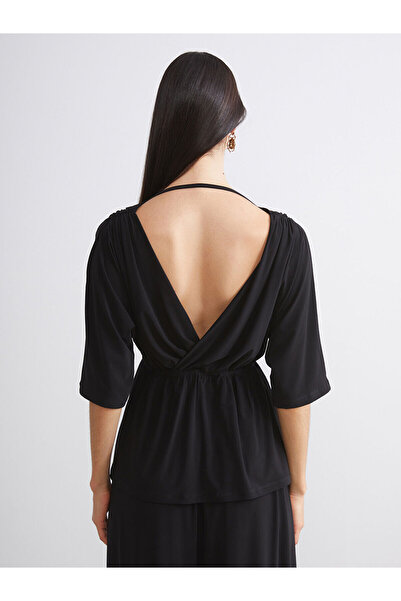 LC Waikiki Soulife Black Double-Breasted Collar Gathered Blouse