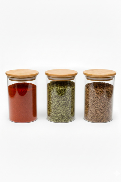 Vienev Set of 3 Glass Jars with Bamboo Lids 350 ml - Food Organizer Storage Container (6.5X12 cm)