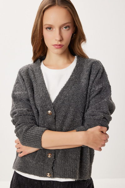 Lovelyİstanbul Soft Textured Buttoned Knitwear Cardigan Lci0048 Anthracite