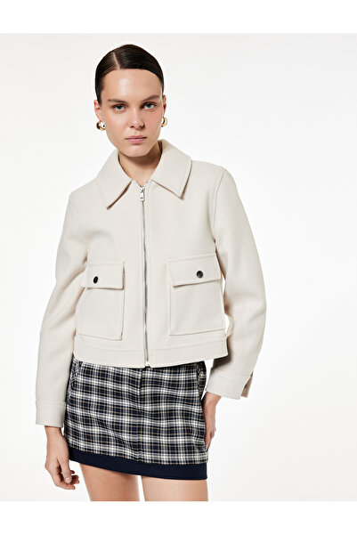 Koton Long Sleeve Zipper Detailed Pocketed Crop Cashmere Jacket