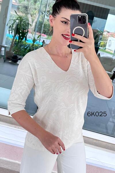 İnce Topuk V-Neck Patterned Knitwear Blouse