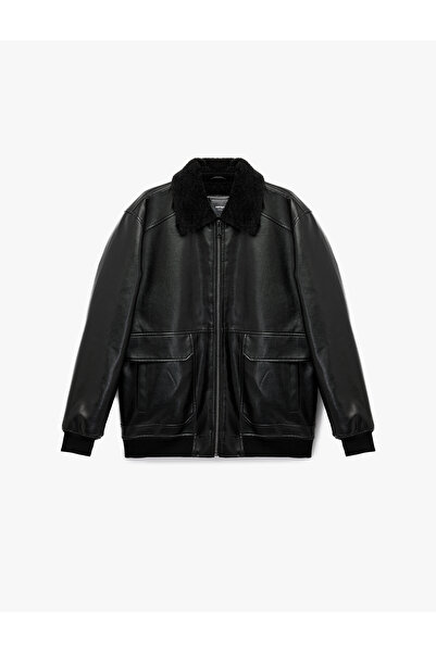 Koton Χειμερινό μπουφάν από συνθετικό δέρμα με μακρυμάνικο λεπτομέρεια τσέπης με εφαρμοστό φερμουάρ και βελούδινο γιακά