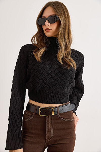 Olalook Women's Black Wide Sleeve Detailed Knit Detailed Crop Knitwear Sweater Kzk-19001040