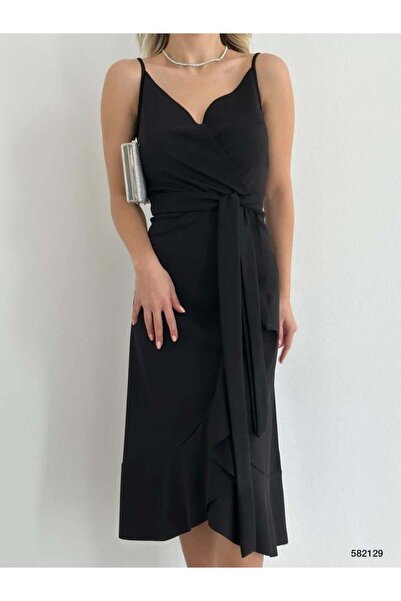 Modafeminen Flounce Midi Length Belted Dress 582129 Black