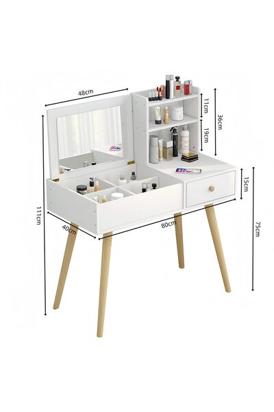 Venpara Dressing Table with Foldable Mirror, Makeup Vanity Table for Bedroom, Storage Shelf & Drawer