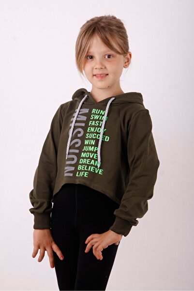 Toontoy سويت شيرت كاكي للفتيات من ريلاكس فيت بغطاء رأس مطبوع - خيطين