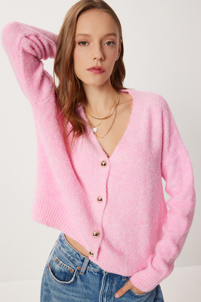 Lovelyİstanbul Soft Textured Buttoned Knitwear Cardigan Lci0048 Pink