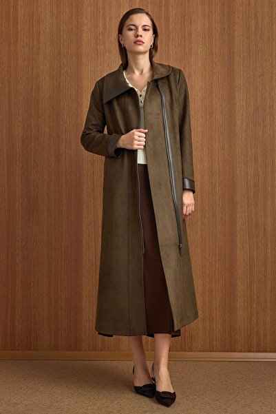 Olcay Turn-Down Collar Zipper Closure Leather Paneled Suede Look Cap K.Haki 6804