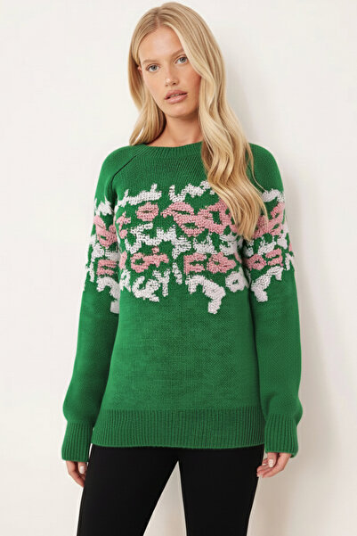 armonika Women's Pink-Green Embossed Pattern Knitwear Sweater Arm-26K136018