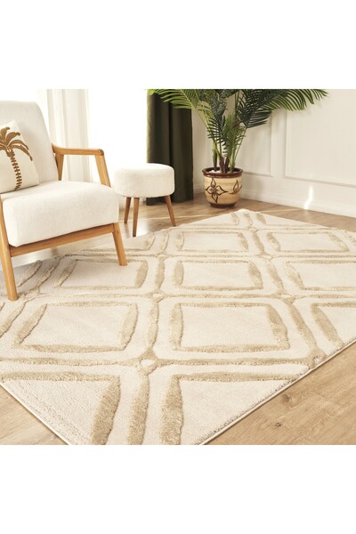 Kaşmir Halı 7/24 Plushy Doha Bej Salon Mutfak Halısı Yolluk