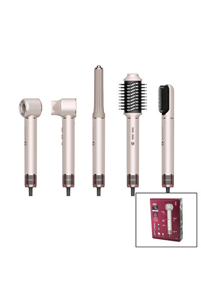 shopwave Rose Gold Air Brush 5-in-1= Curling- Volume- Straightening-2 Brushes Hair Dryer - Styling Machine 1300W3-Kdm.Hiz