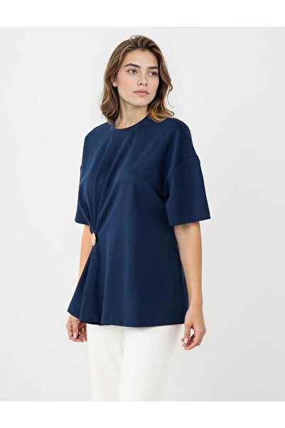 Jimmy Key Πλεκτό μπλουζάκι με κοντό μανίκι λεπτομέρεια με σούρες με λαιμόκοψη σε μπλε ναυτικό