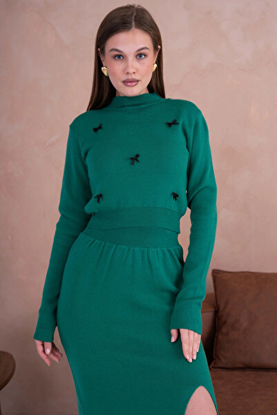 Park Karon Women's Mock Neck Crop Sweater-Elastic Waist Skirt Double Knitwear Set