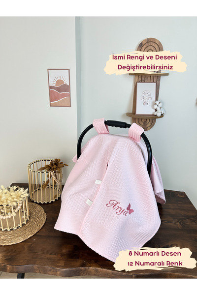 KARSU TASARIM İsimli Pembe Puset Örtüsü Nakış İşlemeli %100 Pamuk Çok Amaçlı Waffle Pike Kumaş