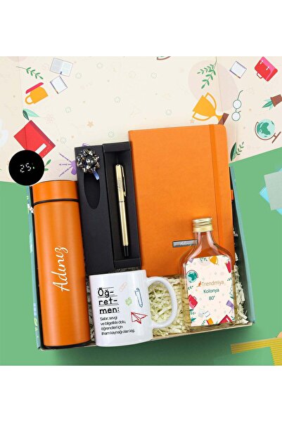 Trendmiya Dereceli Termos & Turuncu Defter & 200ml Kolonya & Gold Roller Kalem & Öğretmen Kupa Hediye Seti