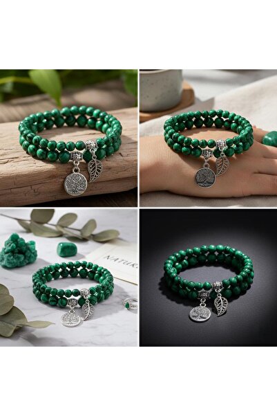 valkyrie Natural Malachite Stone Bracelet Set – Tree of Life & Leaf Charm |   Energy Balancing, Handmade