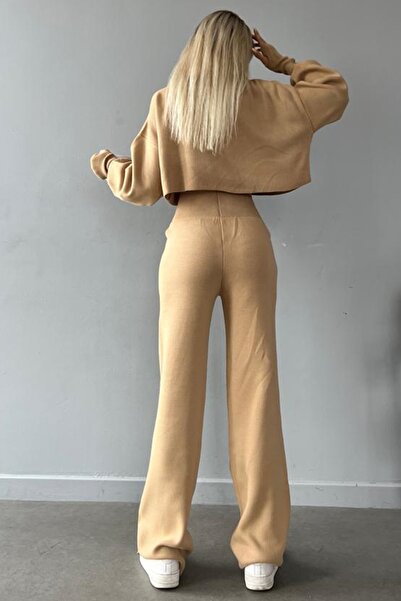 munora butik Finger-Cut High Waist Knitwear Camel Suit Two Piece Sets 015