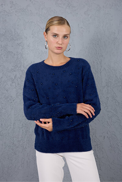 Moda Days Pulover Bi guler rotund riko pentru femei, cu detaliu de perle, din...