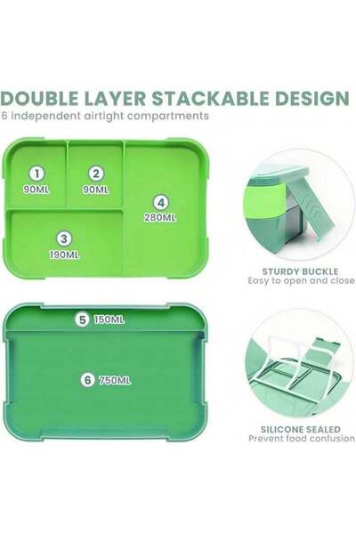 COOYA Bento Lunch Box - BPA Free - Food Safe - 1550ml with 2 Tier and 6 Compartment - On-Go Packaging